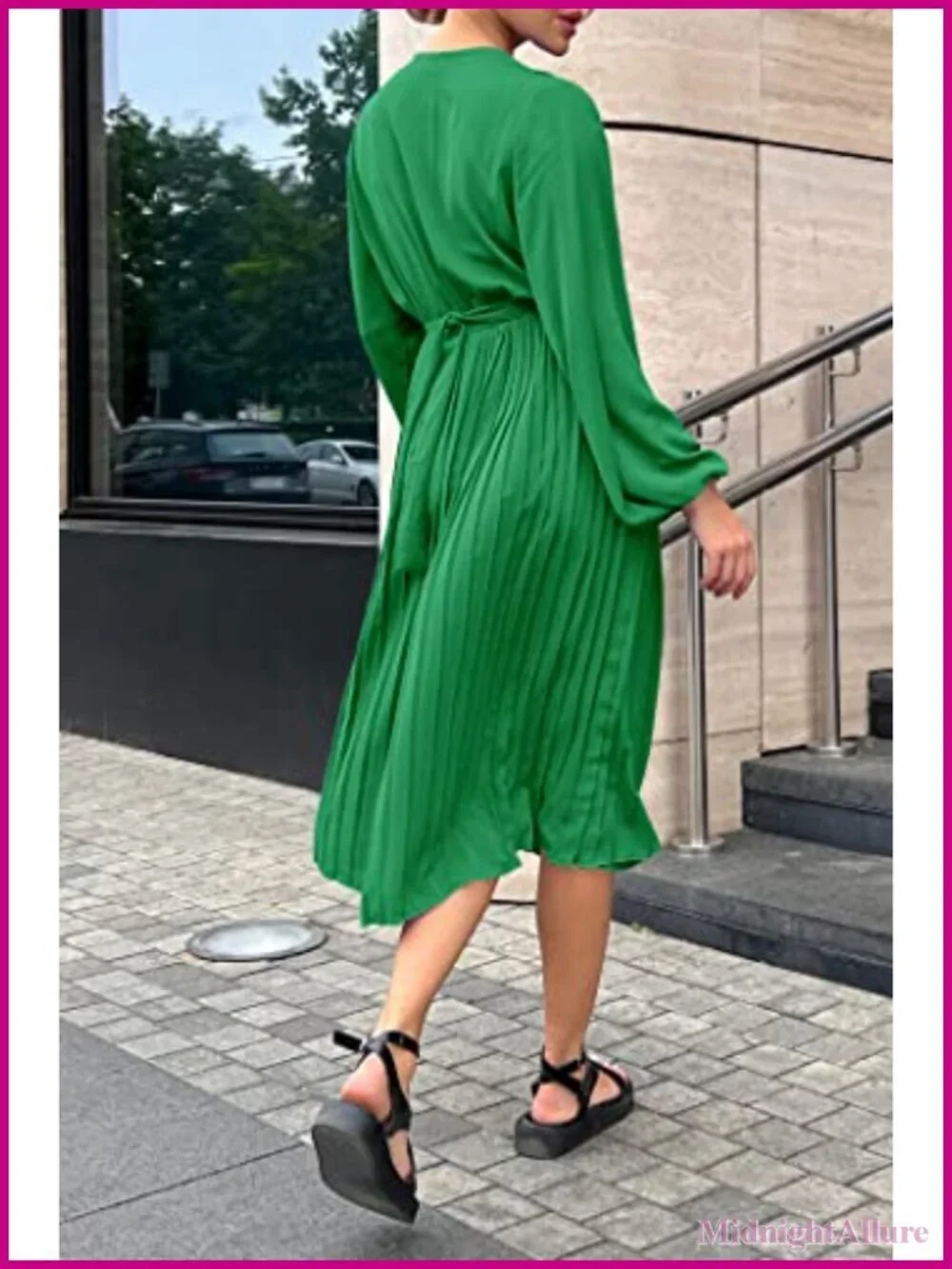 Women's V-Neck Puff Sleeve Midi Wrap Dress Flowy Ruffle Pleated